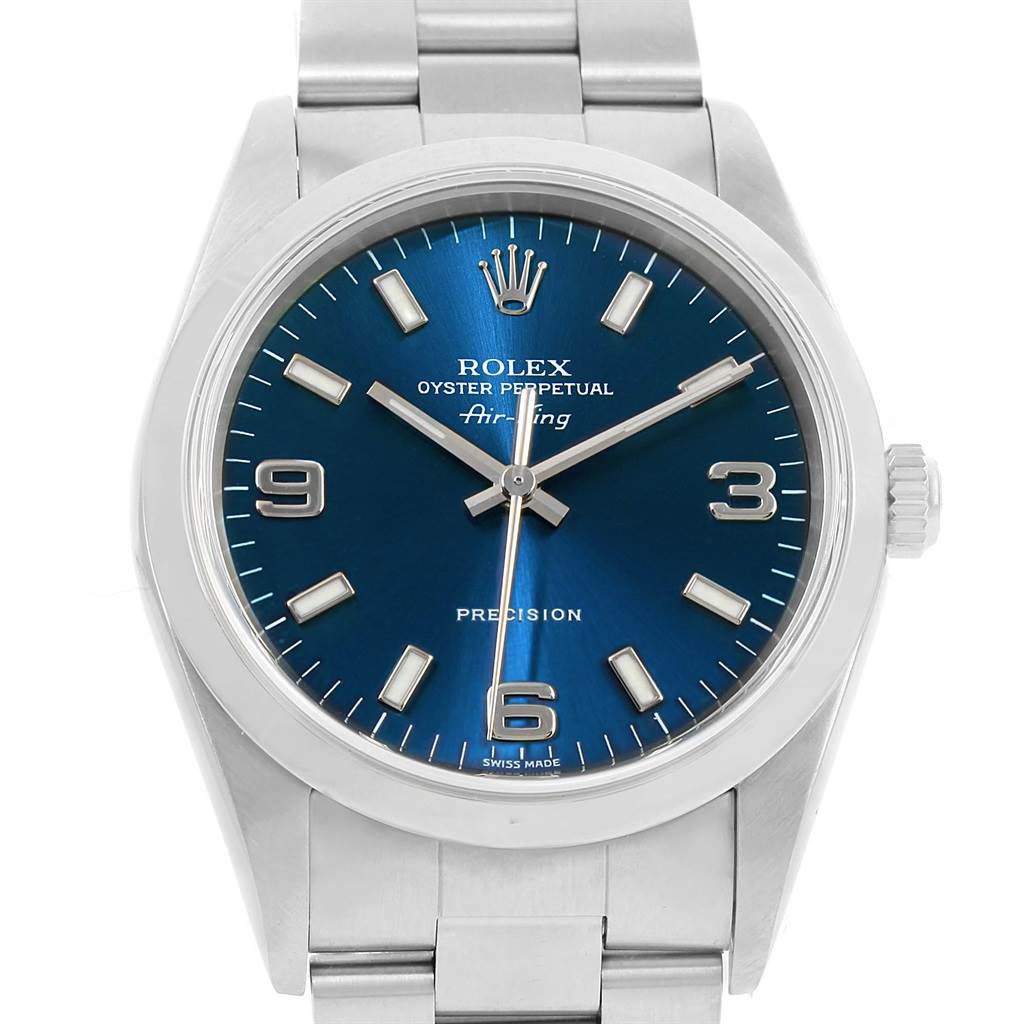 The image shows a front view of a Rolex Air-King 14000 Men's Stainless Steel Blue Dial 14000 Men's Stainless Steel Blue Dial watch, highlighting its blue dial, hour markers, and silver bracelet.