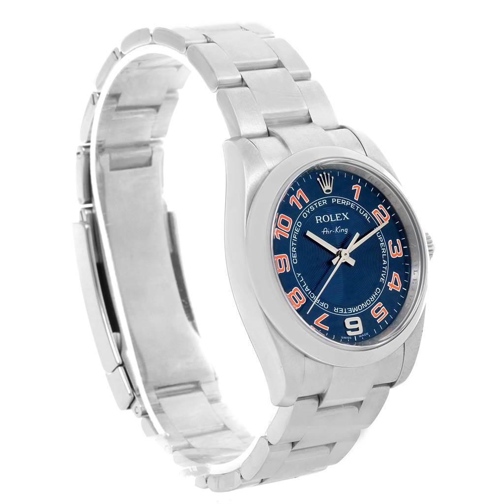 This image shows a side-angle view of the Rolex Air-King 114200 Men's Stainless Steel Blue Dial 114200 Men's Stainless Steel Blue Dial watch displaying the dial, bezel, crown, and stainless steel bracelet.