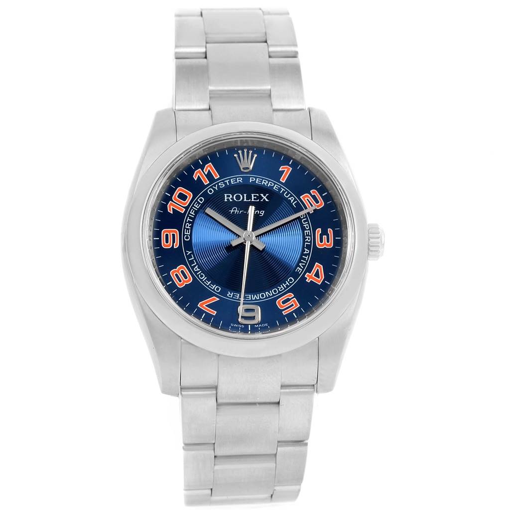 This image shows a front view of the Rolex Air-King 114200 Men's Stainless Steel Blue Dial 114200 Men's Stainless Steel Blue Dial watch, highlighting its silver band and blue dial with orange numerals.