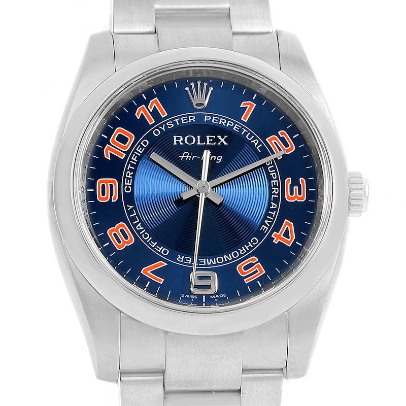 Rolex Air King Blue Concentric Dial Arabic Numerals Watch 114200 SwissWatchExpo