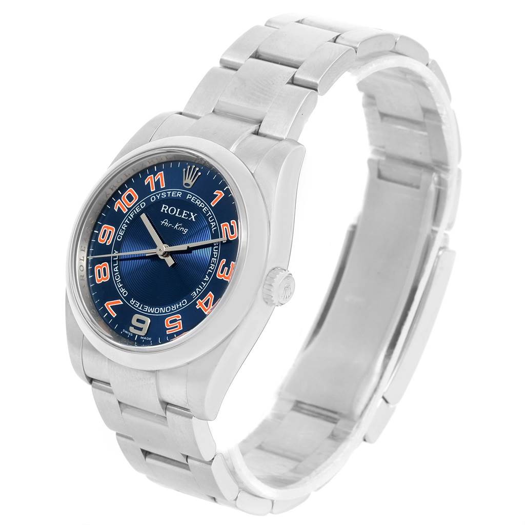 This Rolex Air-King 114200 Men's Stainless Steel Blue Dial 114200 Men's Stainless Steel Blue Dial watch is shown at an angled view, highlighting the face, crown, and partially open bracelet.