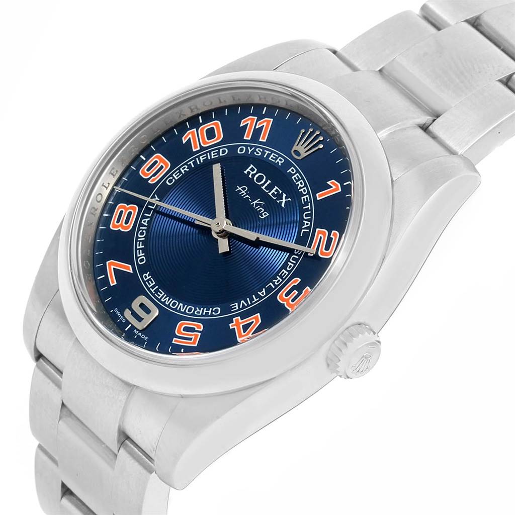 The image shows a Rolex Air-King 114200 Men's Stainless Steel Blue Dial 114200 Men's Stainless Steel Blue Dial watch at a slight angle, highlighting the face, bezel, crown, and part of the bracelet.