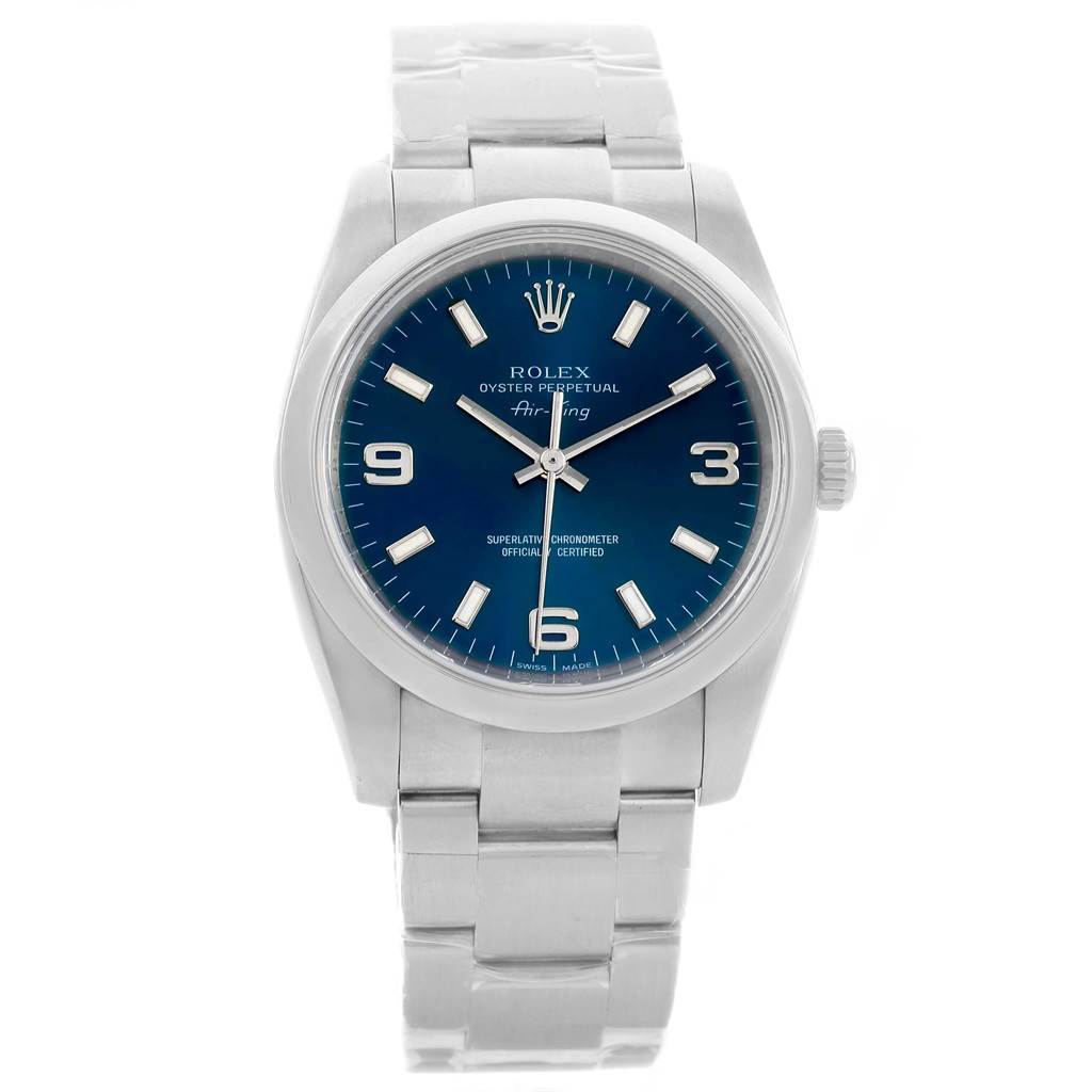 The image shows a front view of a Rolex Air-King 114200BLASO Men's Stainless Steel Blue Dial 114200BLASO Men's Stainless Steel Blue Dial watch, featuring its blue dial, silver hour markers, and stainless steel bracelet.