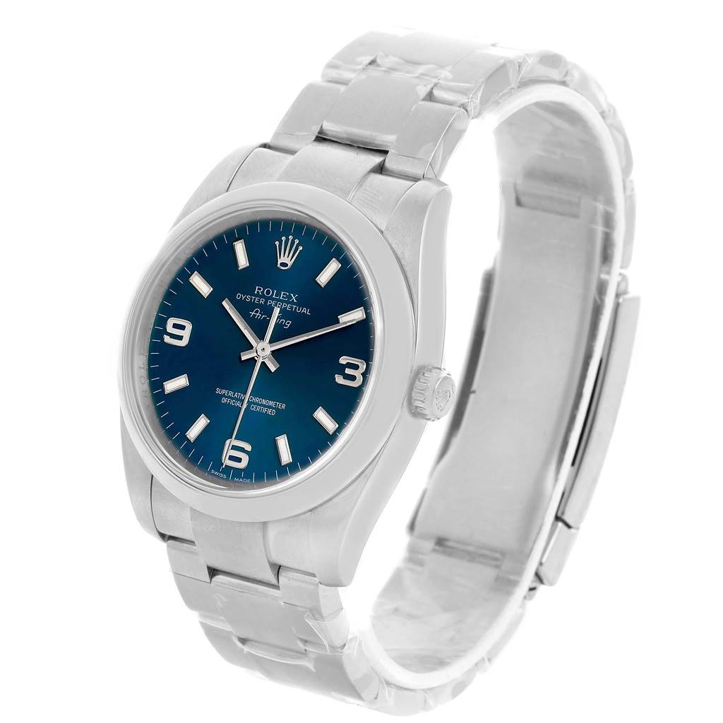 The image shows a frontal view of a Rolex Air-King 114200BLASO Men's Stainless Steel Blue Dial 114200BLASO Men's Stainless Steel Blue Dial watch, displaying its face, crown, and bracelet.
