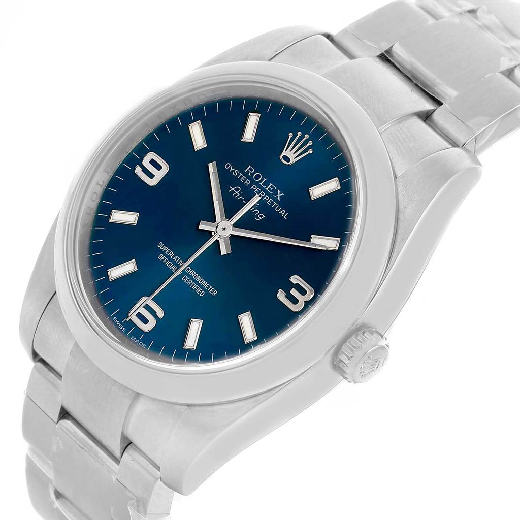 This image shows a Rolex Air-King 114200BLASO Men's Stainless Steel Blue Dial 114200BLASO Men's Stainless Steel Blue Dial watch at a front diagonal angle, highlighting the dial, crown, and part of the bracelet.