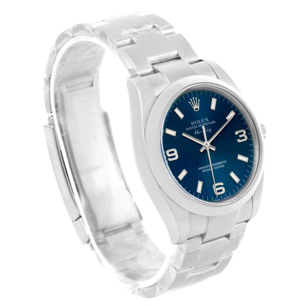 The image shows a Rolex Air-King 114200BLASO Men's Stainless Steel Blue Dial 114200BLASO Men's Stainless Steel Blue Dial watch at a slight angle, highlighting the face, bezel, and metal strap.