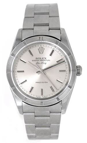 The image shows a front view of the Rolex Air-King watch, displaying the dial, bezel, case, crown, and bracelet.