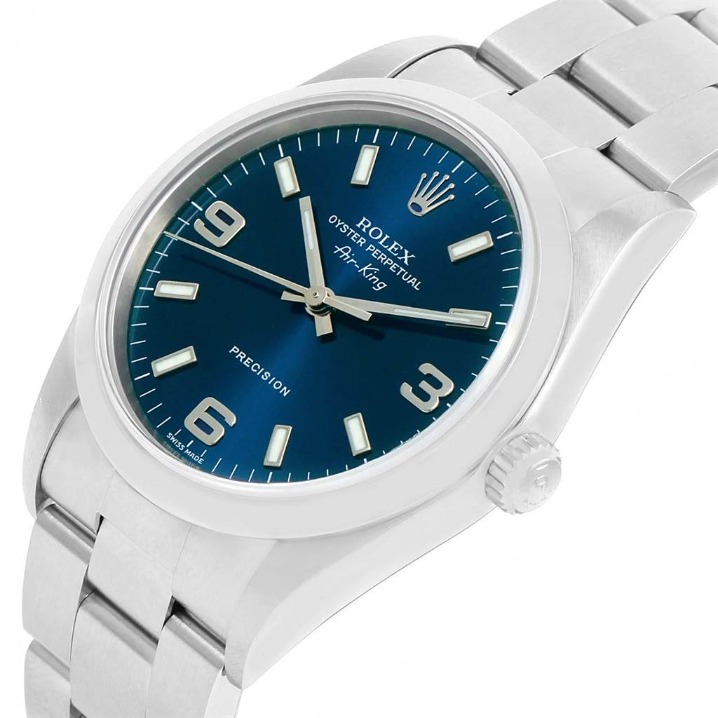 The Rolex Air-King 14000 Men's Stainless Steel Blue Dial 14000 Men's Stainless Steel Blue Dial watch is shown at a slight angle, highlighting its blue dial, silver hands, crown, and bracelet.