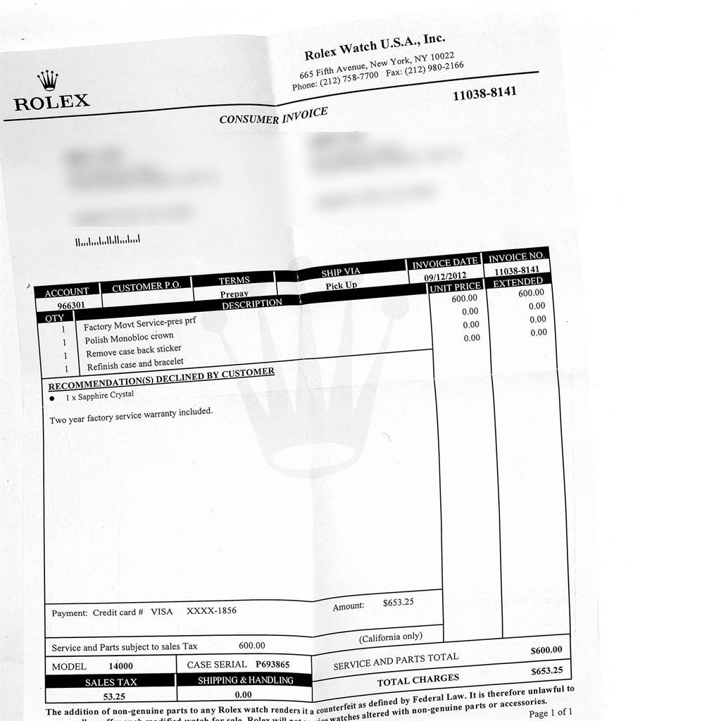 The image shows a service invoice for a Rolex Air-King 14000 Men's Stainless Steel Blue Dial 14000 Men's Stainless Steel Blue Dial watch, including details for case and bracelet refinishing.