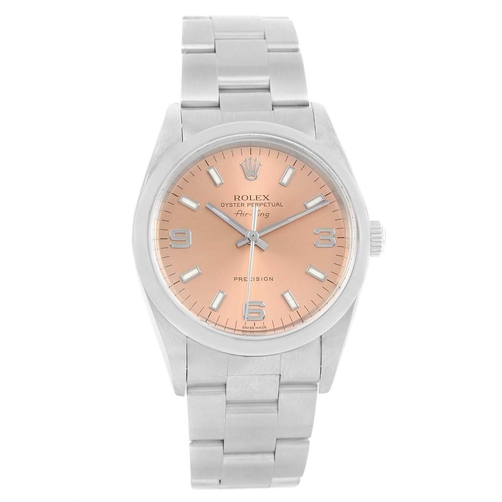 The Rolex Air-King 14000 Men's Stainless Steel Pink Dial 14000 Men's Stainless Steel Pink Dial watch is shown from a top-down angle, displaying the face and bracelet.