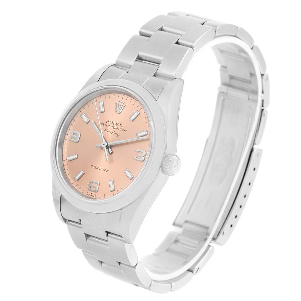 The image shows a Rolex Air-King 14000 Men's Stainless Steel Pink Dial 14000 Men's Stainless Steel Pink Dial watch from an angled top view, displaying the dial, case, and bracelet.
