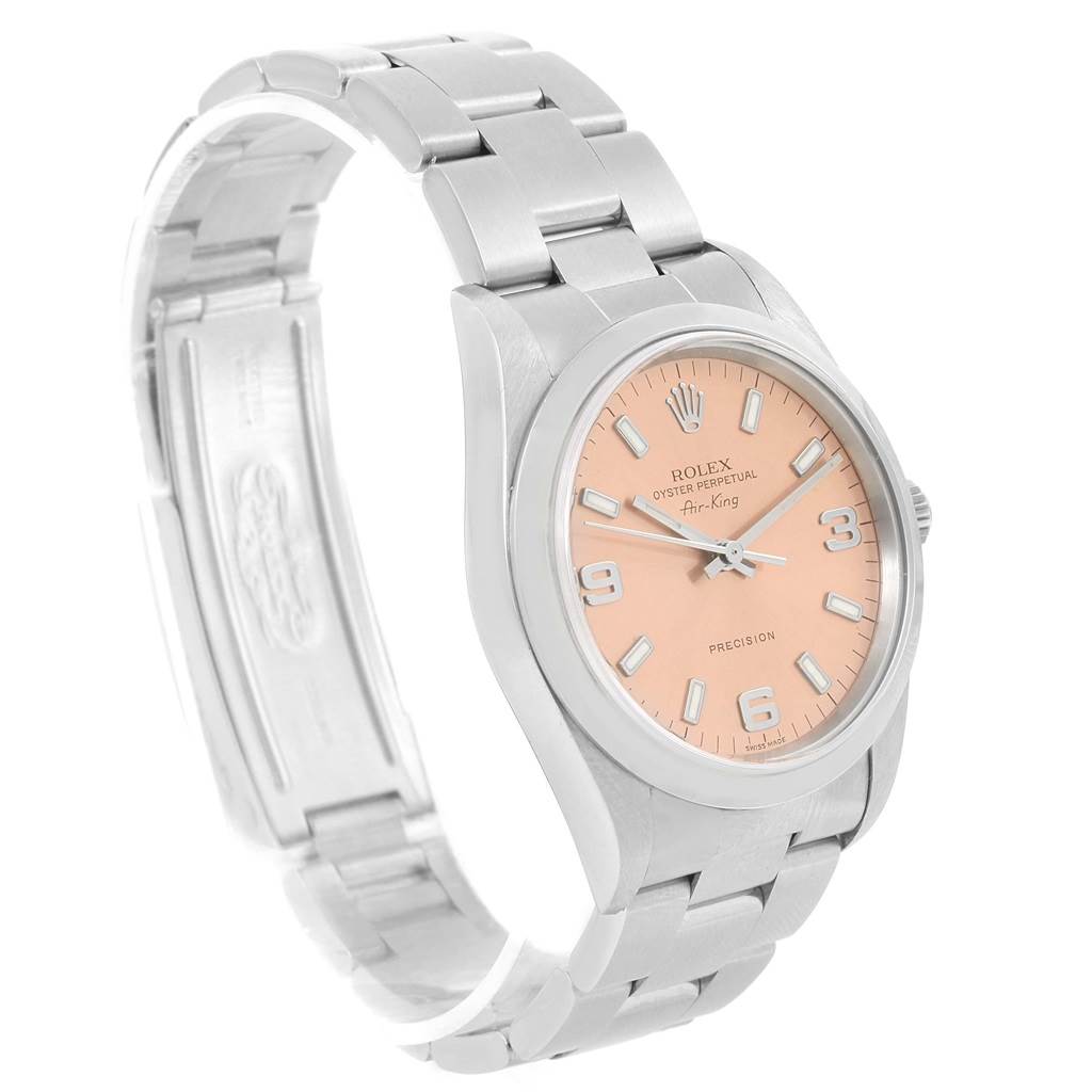 The image shows a Rolex Air-King 14000 Men's Stainless Steel Pink Dial 14000 Men's Stainless Steel Pink Dial watch at a slight angled view, highlighting the peach dial, stainless steel case, and bracelet.