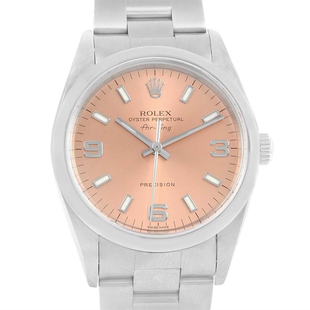 The image shows a frontal view of a Rolex Air-King 14000 Men's Stainless Steel Pink Dial 14000 Men's Stainless Steel Pink Dial watch with a pink dial and stainless steel bracelet.