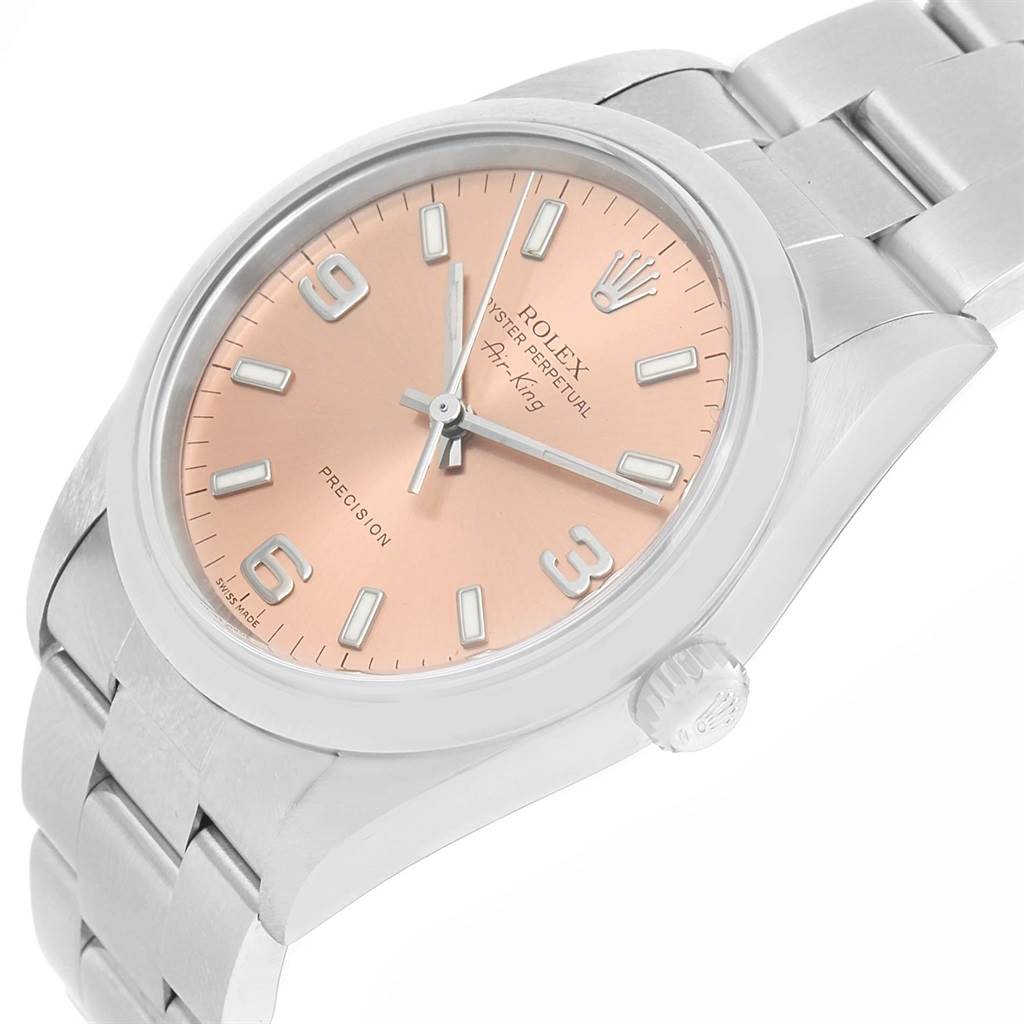 The Rolex Air-King 14000 Men's Stainless Steel Pink Dial 14000 Men's Stainless Steel Pink Dial watch is shown at a three-quarter angle highlighting the dial, bezel, case, crown, and part of the bracelet.