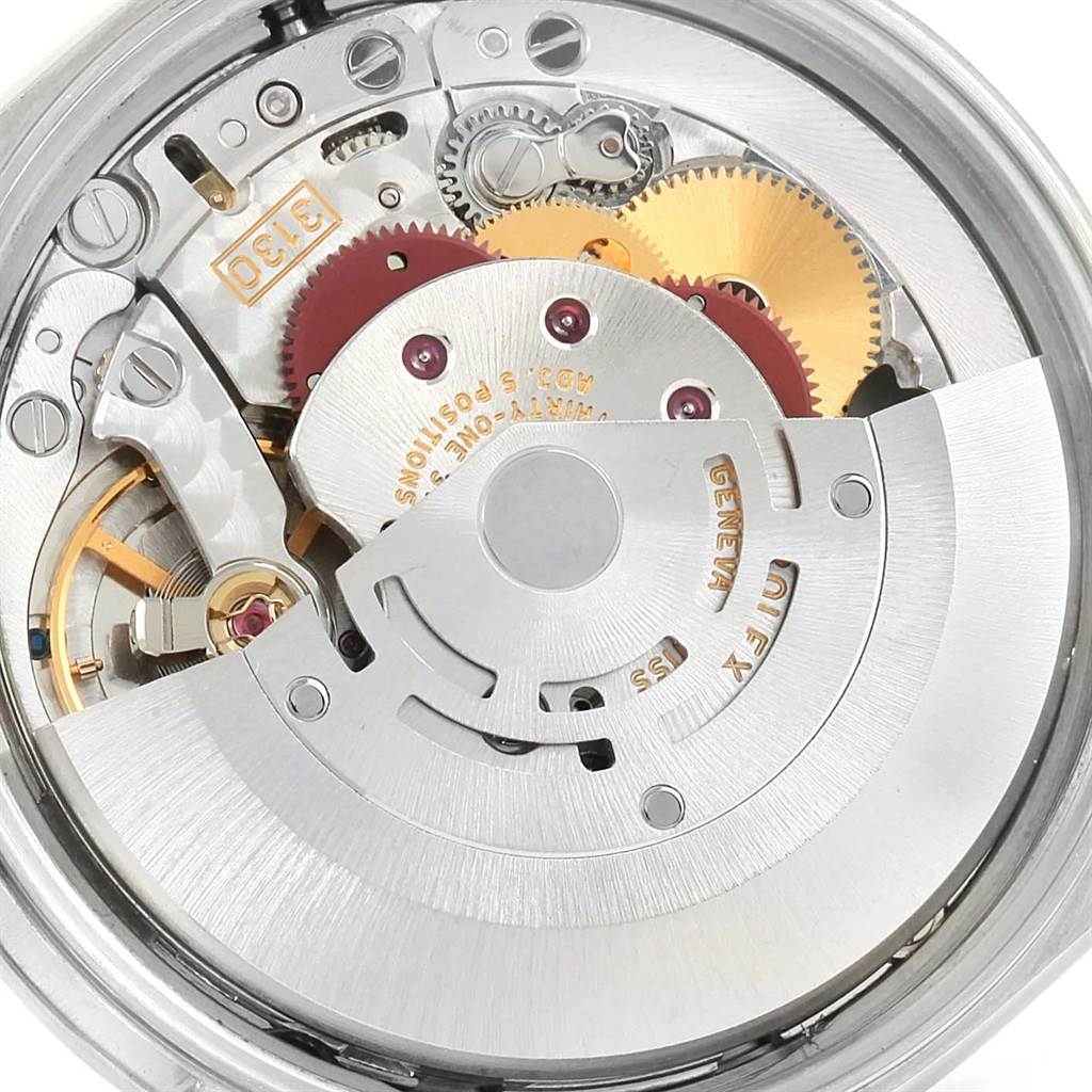This image shows a close-up of the movement and internal components of a Rolex Air-King 14000 Men's Stainless Steel Pink Dial 14000 Men's Stainless Steel Pink Dial watch.