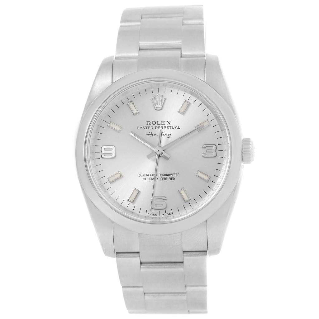 The image shows a front view of a Rolex Air-King 114200 Men's Stainless Steel Silver Dial 114200 Men's Stainless Steel Silver Dial watch, displaying the face, bezel, case, and bracelet.