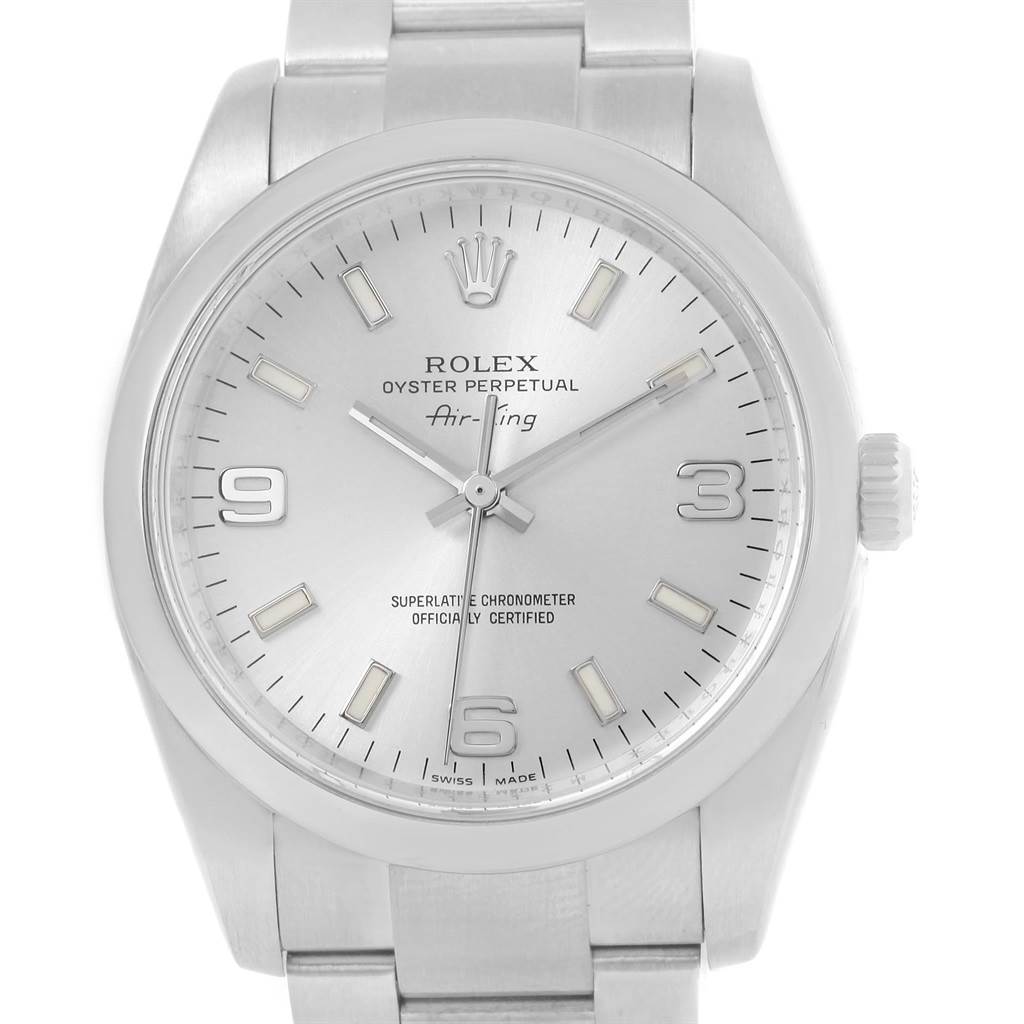 The image shows a front view of the Rolex Air-King 114200 Men's Stainless Steel Silver Dial 114200 Men's Stainless Steel Silver Dial watch, highlighting its silver dial and bracelet.