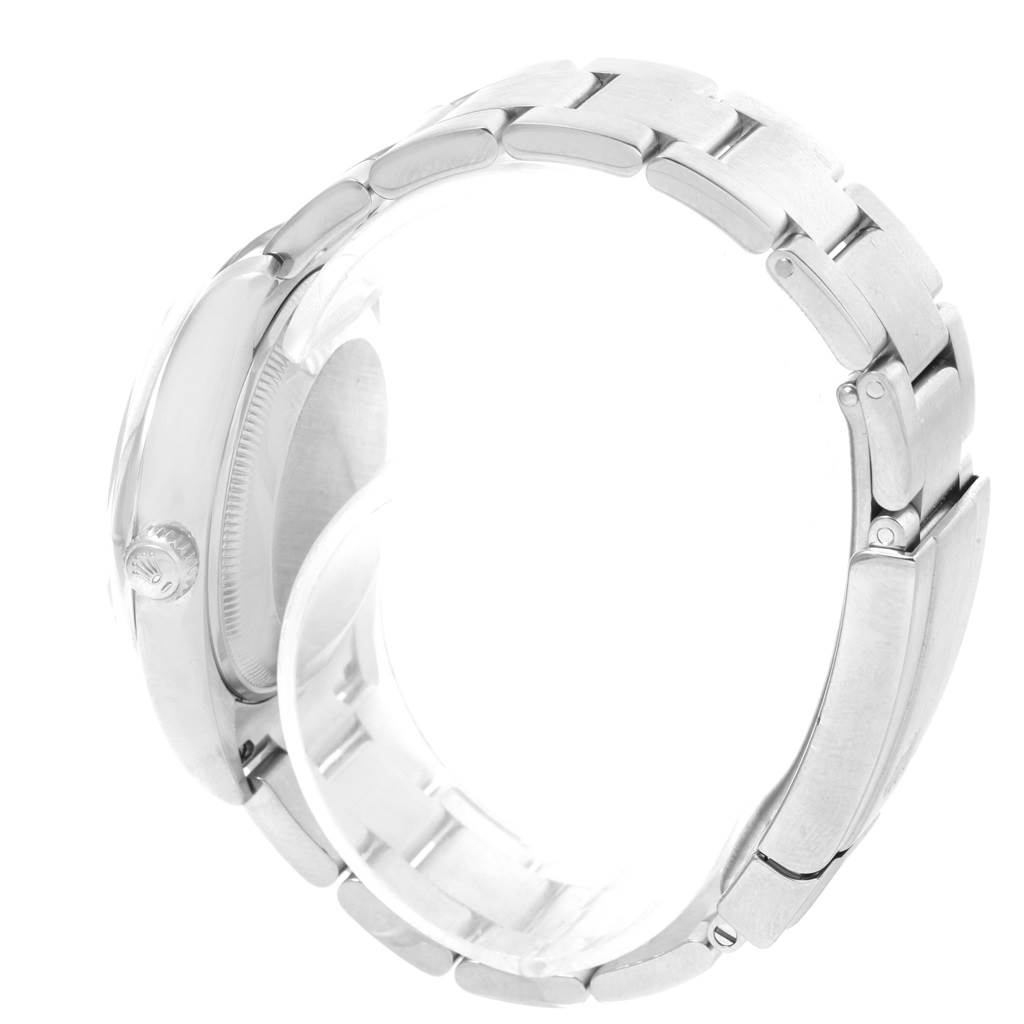 Side view of the band and crown of a Rolex Air-King 114200 Men's Stainless Steel Silver Dial 114200 Men's Stainless Steel Silver Dial watch.