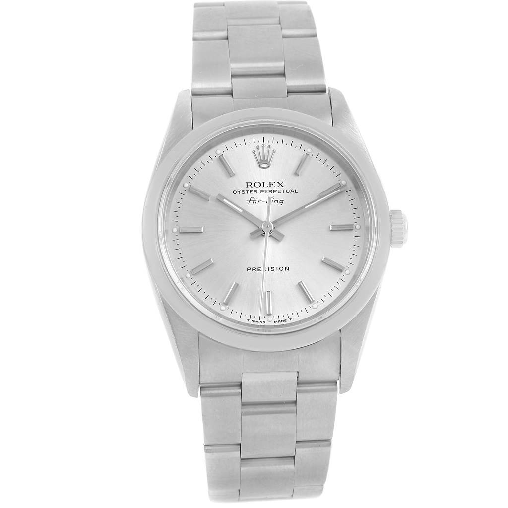The Rolex Air-King 14000 Men's Stainless Steel Silver Dial 14000 Men's Stainless Steel Silver Dial watch is shown from the front, displaying its face, bezel, bracelet, and crown.