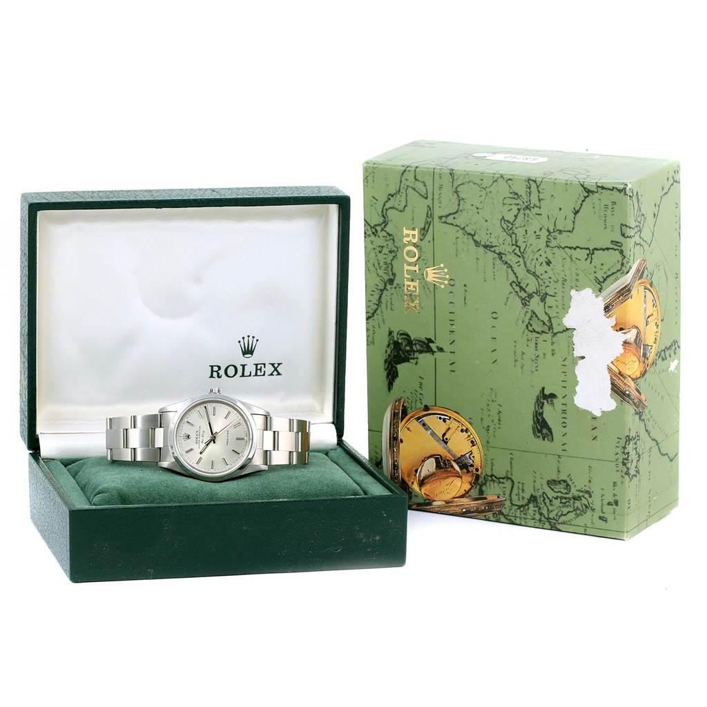 The image shows a Rolex Air-King 14000 Men's Stainless Steel Silver Dial 14000 Men's Stainless Steel Silver Dial watch in its open box with the outer packaging also visible.