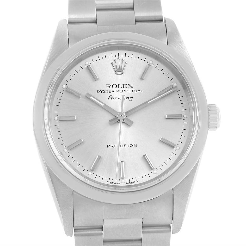 The image shows a Rolex Air-King 14000 Men's Stainless Steel Silver Dial 14000 Men's Stainless Steel Silver Dial watch from a front angle, displaying its dial, hands, crown, and part of the bracelet.