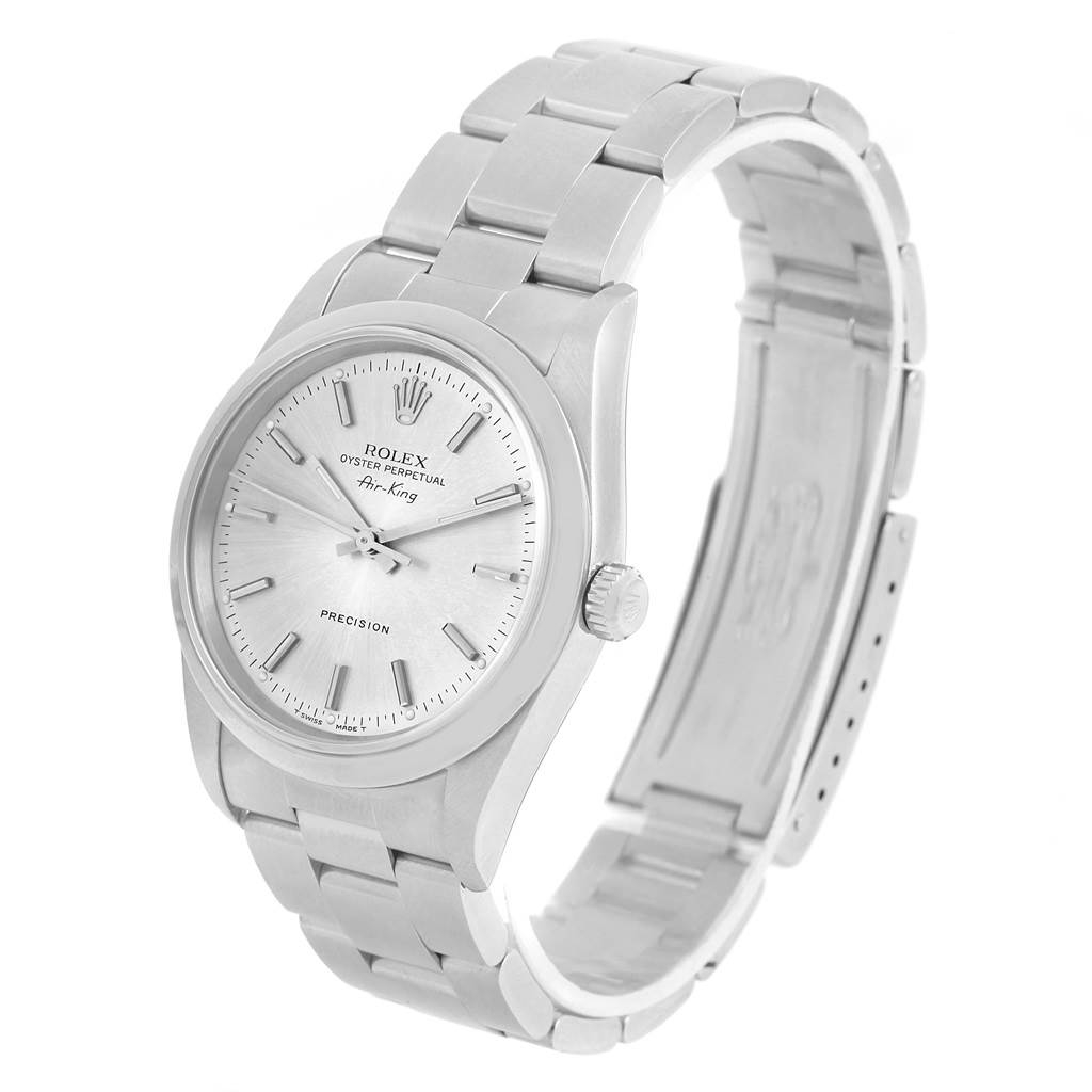 The Rolex Air-King 14000 Men's Stainless Steel Silver Dial 14000 Men's Stainless Steel Silver Dial watch is shown from a three-quarter angle, highlighting its face, bezel, crown, and bracelet.