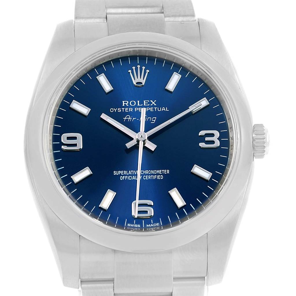 Front view of a Rolex Air-King 114200 Men's Stainless Steel Blue Dial 114200 Men's Stainless Steel Blue Dial watch showing the dial, hour markers, hands, and part of the bracelet.