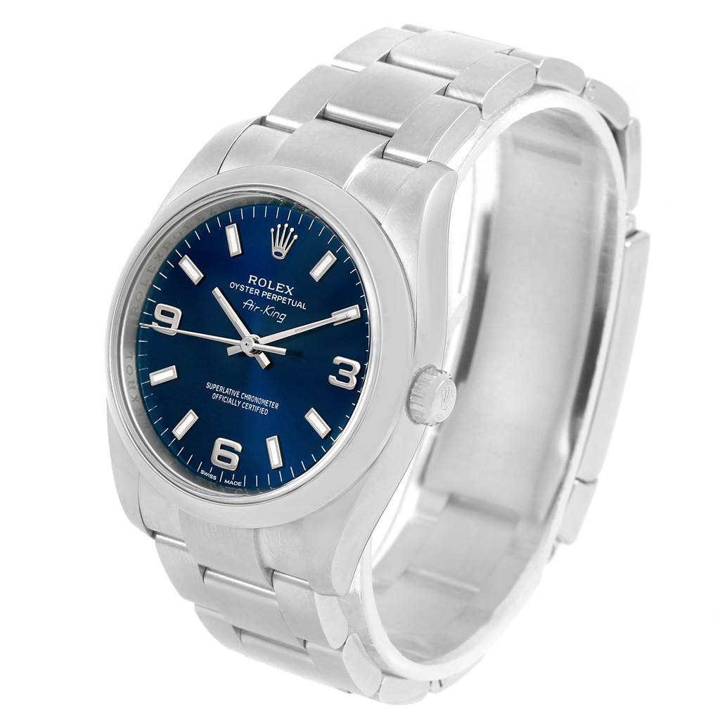 This image shows a Rolex Air-King 114200 Men's Stainless Steel Blue Dial 114200 Men's Stainless Steel Blue Dial watch at a three-quarter angle, revealing the dial, bezel, crown, and part of the bracelet.