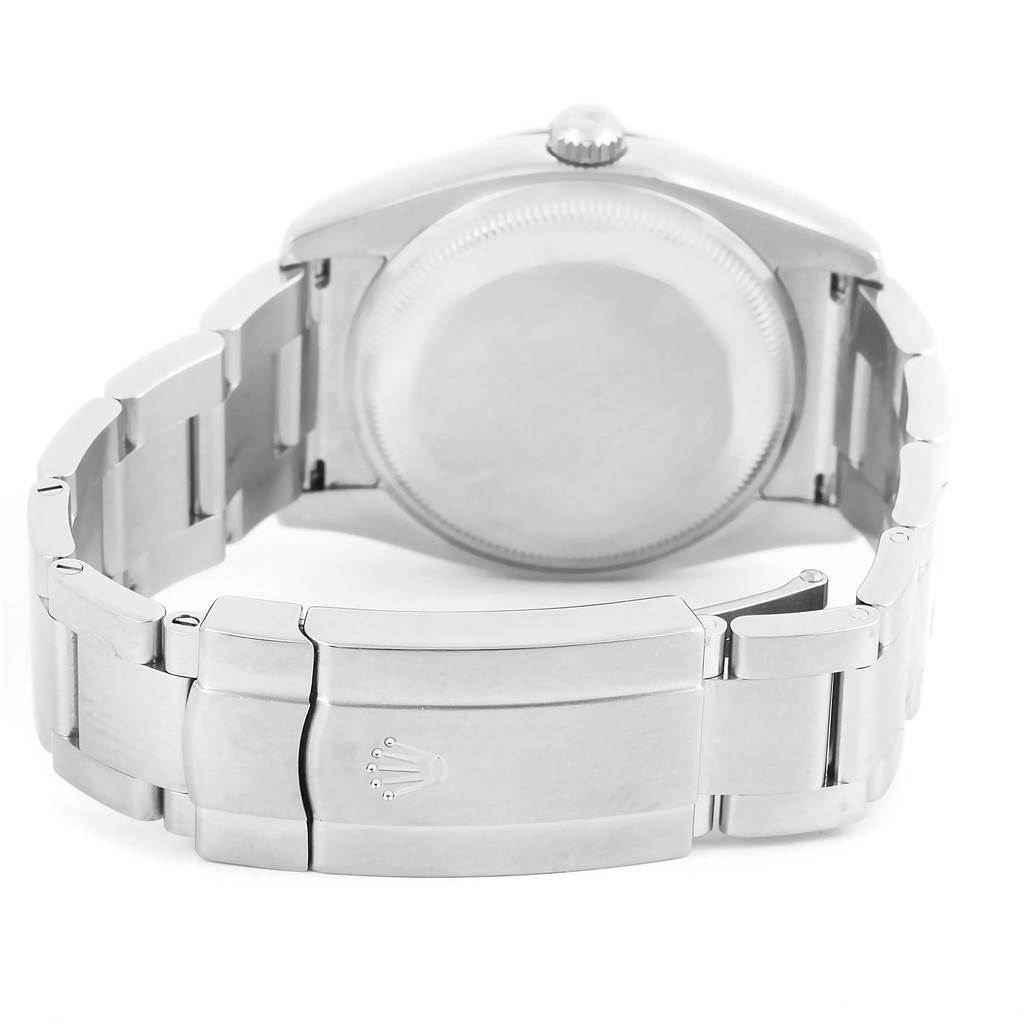 The image shows the back case and bracelet clasp of the Rolex Air-King 114200 Men's Stainless Steel Blue Dial 114200 Men's Stainless Steel Blue Dial watch from a rear angle.