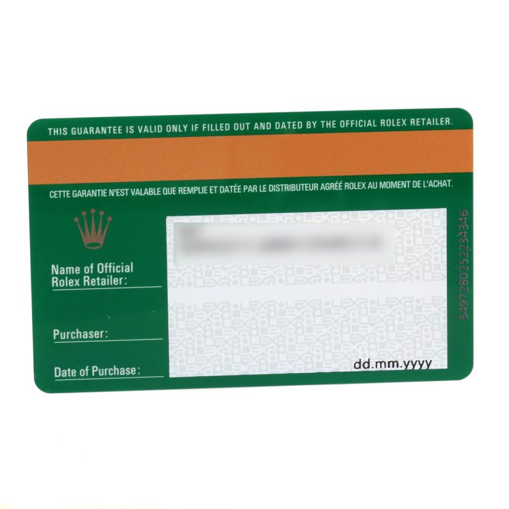 This is a warranty card for a Rolex Air-King 114200 Men's Stainless Steel Blue Dial 114200 Men's Stainless Steel Blue Dial watch, viewed from the front.