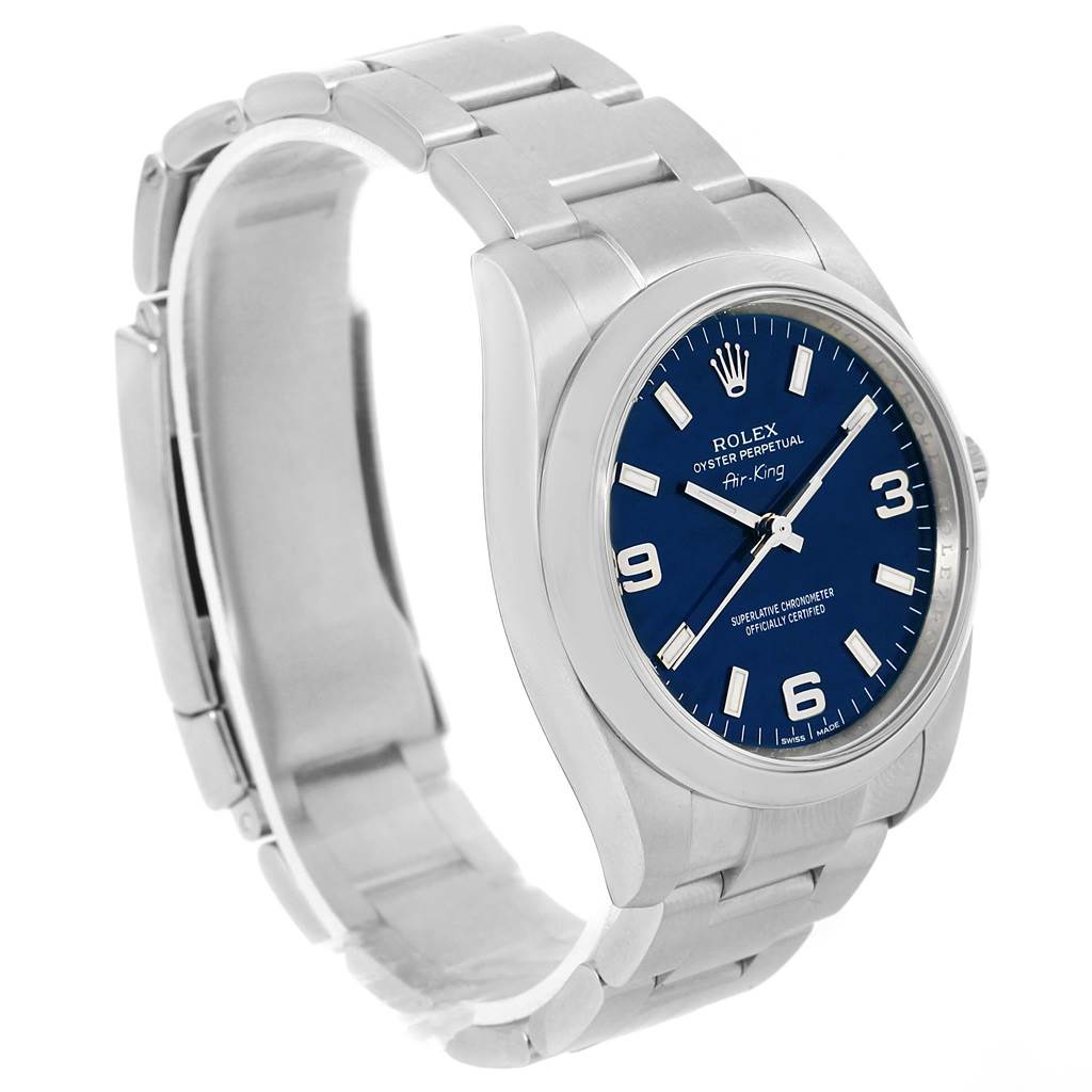 The Rolex Air-King 114200 Men's Stainless Steel Blue Dial 114200 Men's Stainless Steel Blue Dial watch is shown at a front angle, highlighting its blue dial, metal bracelet, and crown.