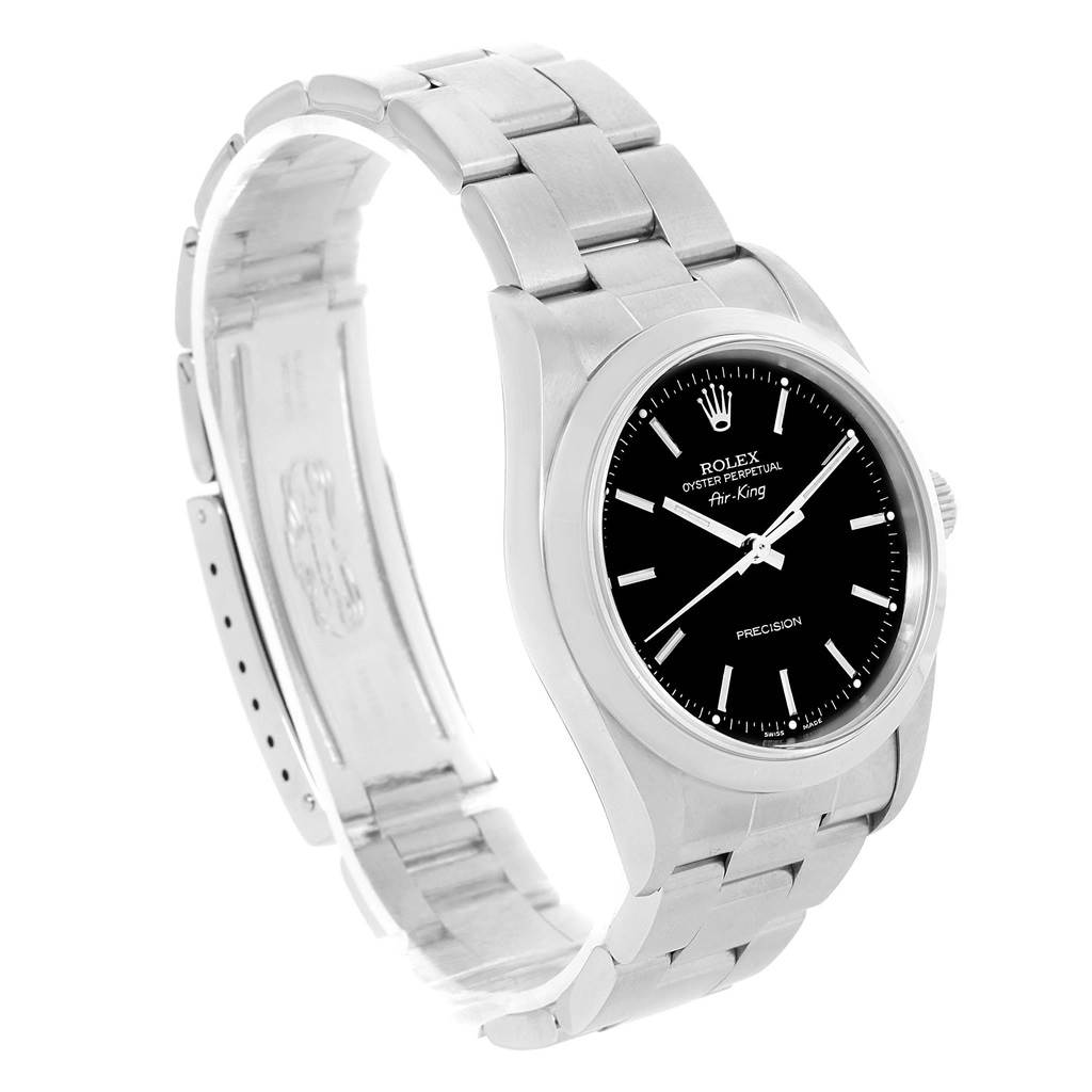 The image shows a side angle of the Rolex Air-King 14000 Men's Stainless Steel Black Dial 14000 Men's Stainless Steel Black Dial watch, displaying its black dial, stainless steel case, and linked bracelet.