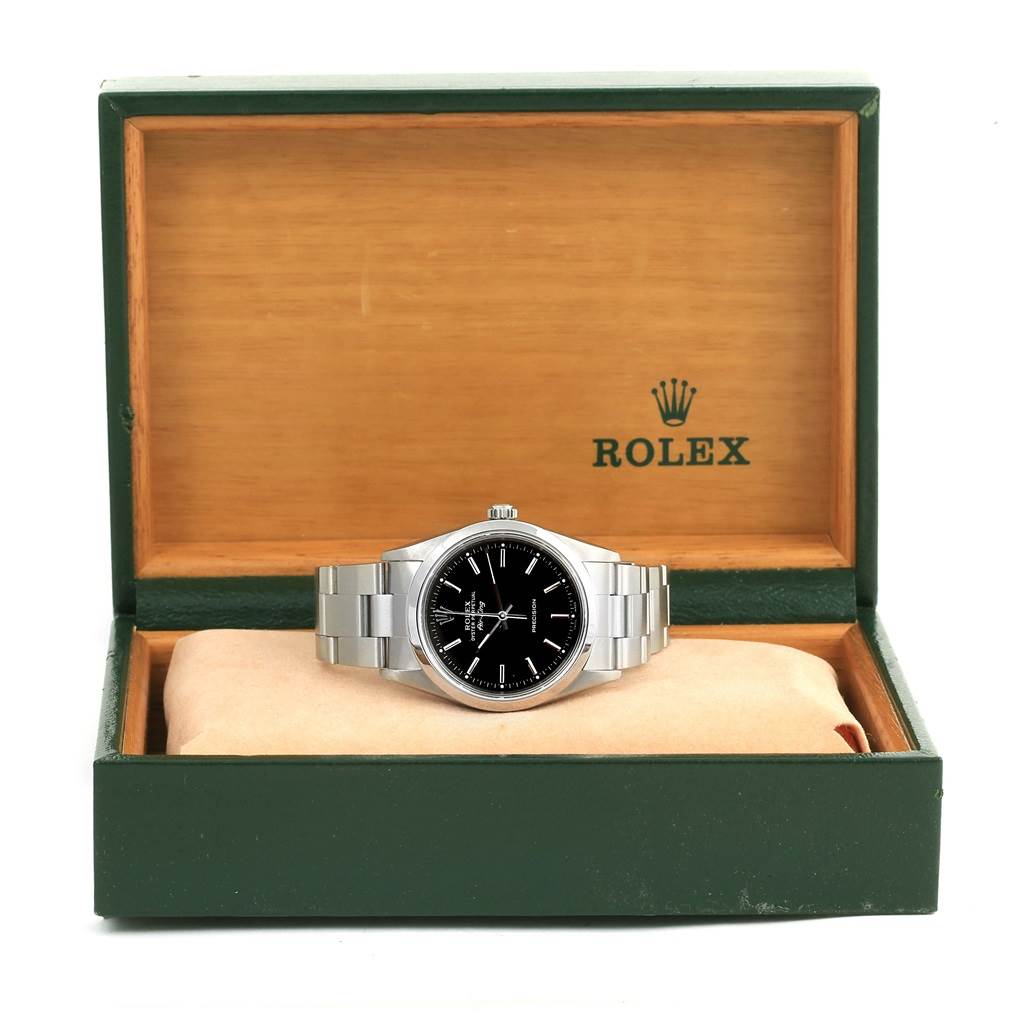 The image shows a front view of a Rolex Air-King 14000 Men's Stainless Steel Black Dial 14000 Men's Stainless Steel Black Dial watch inside its green and wood display box.