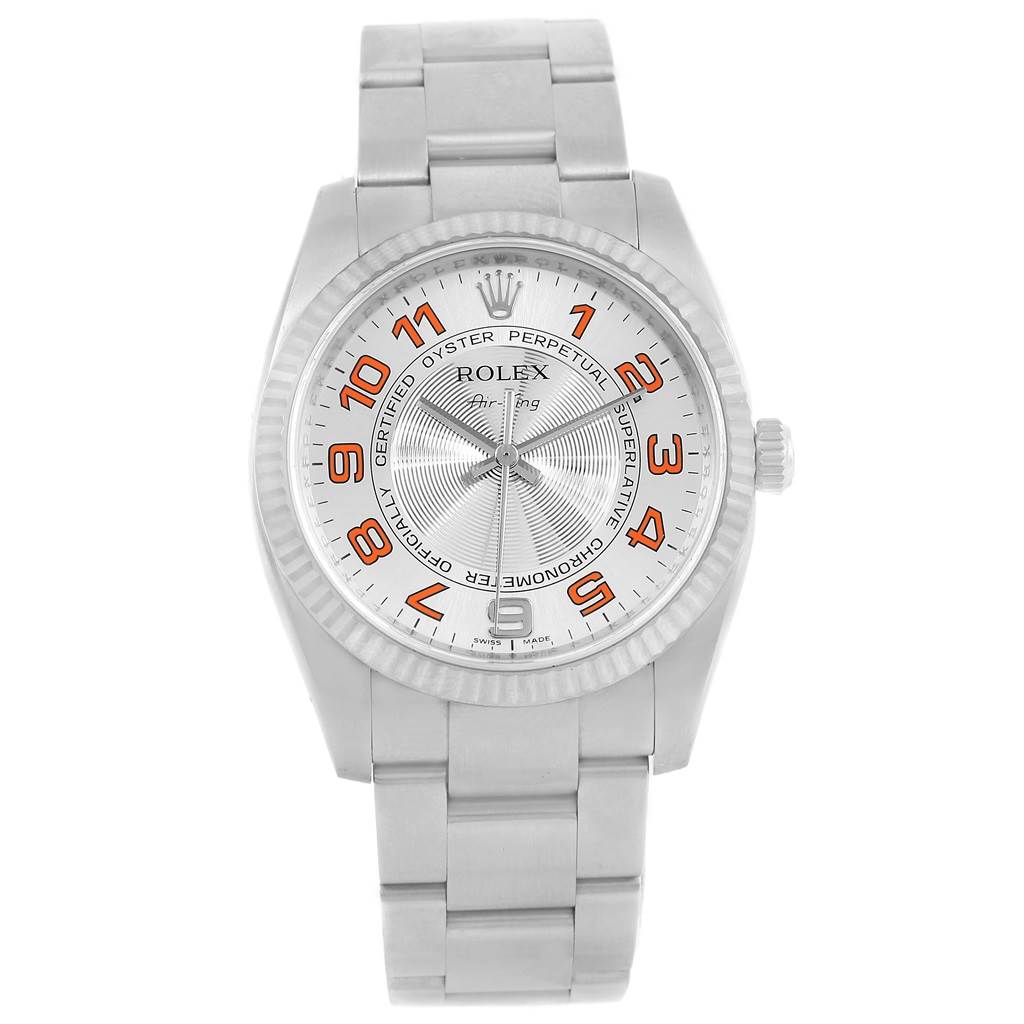 This image shows a front view of a Rolex Air-King 114234 Men's Stainless Steel Silver Dial 114234 Men's Stainless Steel Silver Dial watch, displaying the dial, bezel, crown, and bracelet.