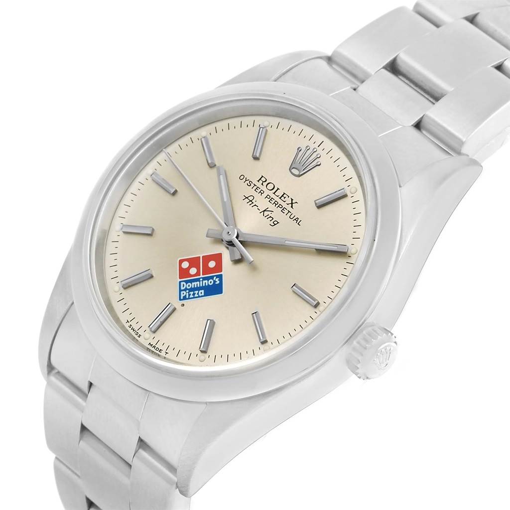 This Rolex Air-King 14000 Men's Stainless Steel Silver Dial 14000 Men's Stainless Steel Silver Dial watch is shown at a slight angle, highlighting the face, bezel, crown, and part of the bracelet.