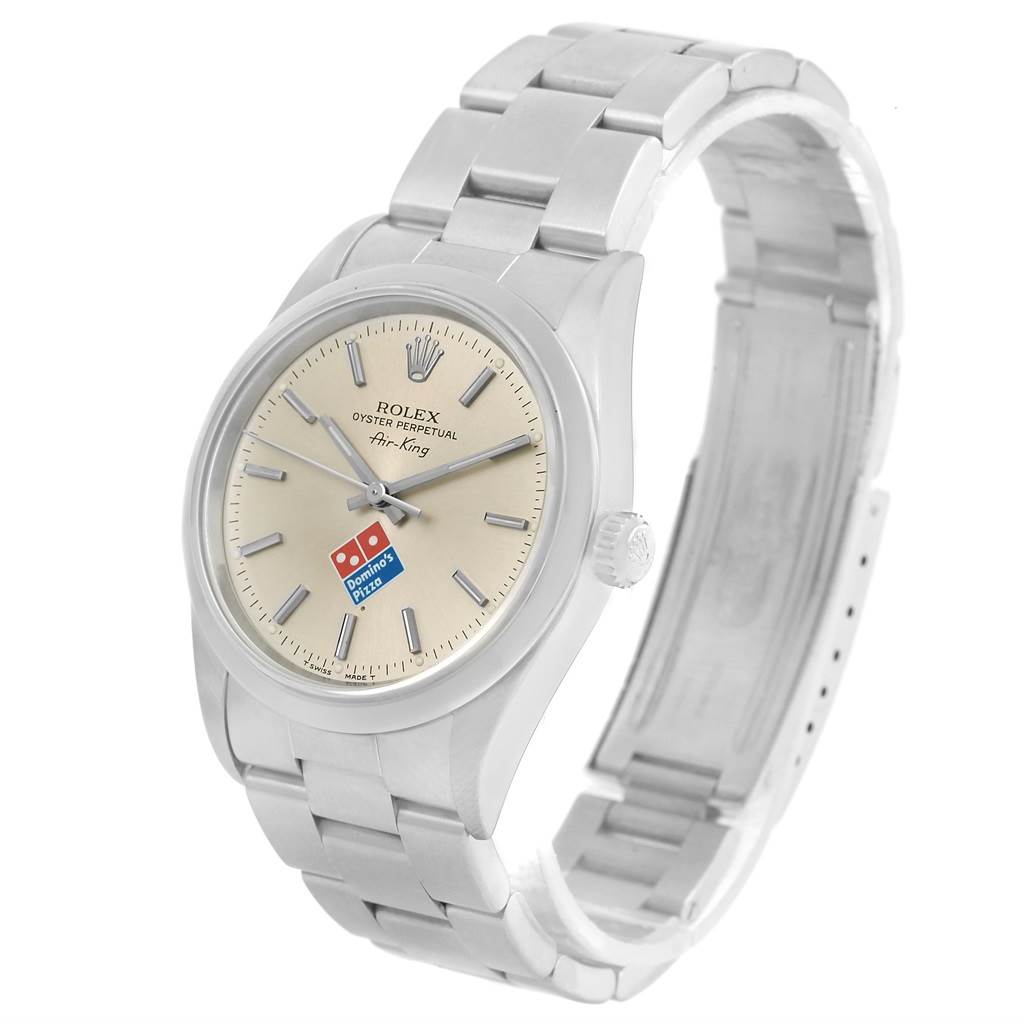 The Rolex Air-King 14000 Men's Stainless Steel Silver Dial 14000 Men's Stainless Steel Silver Dial watch is shown at a slight angle, displaying its face, bracelet, casing, and crown.