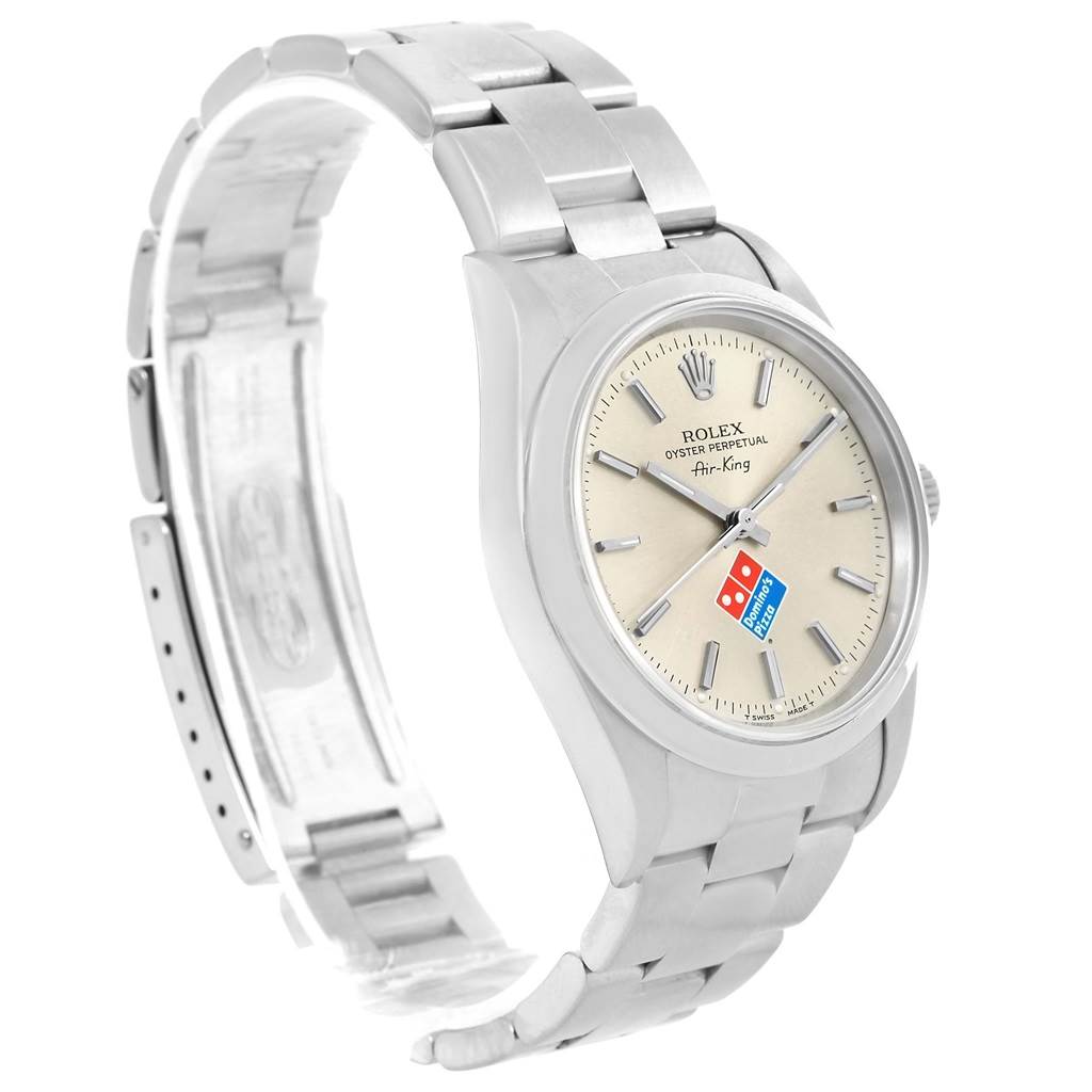 The image shows a Rolex Air-King 14000 Men's Stainless Steel Silver Dial 14000 Men's Stainless Steel Silver Dial watch from a side angle, displaying the face, case, and bracelet.