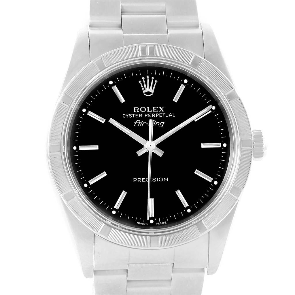 This image shows a front view of a Rolex Air-King 14010 Men's Stainless Steel Black Dial 14010 Men's Stainless Steel Black Dial watch, featuring the dial, bezel, and bracelet.