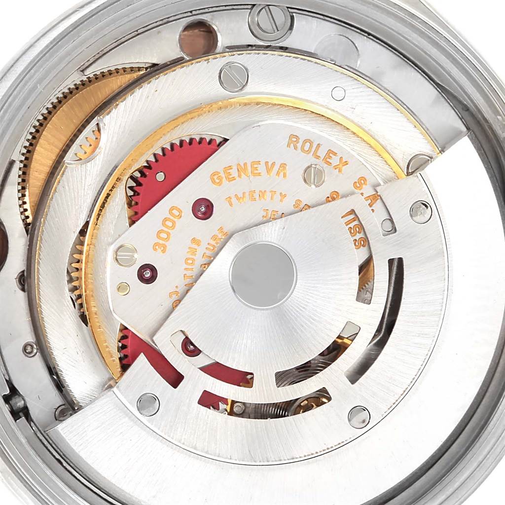 This image shows the internal movement mechanism of a Rolex Air-King 14000 Men's Stainless Steel Pink Dial 14000 Men's Stainless Steel Pink Dial watch, highlighting gears and the rotor.
