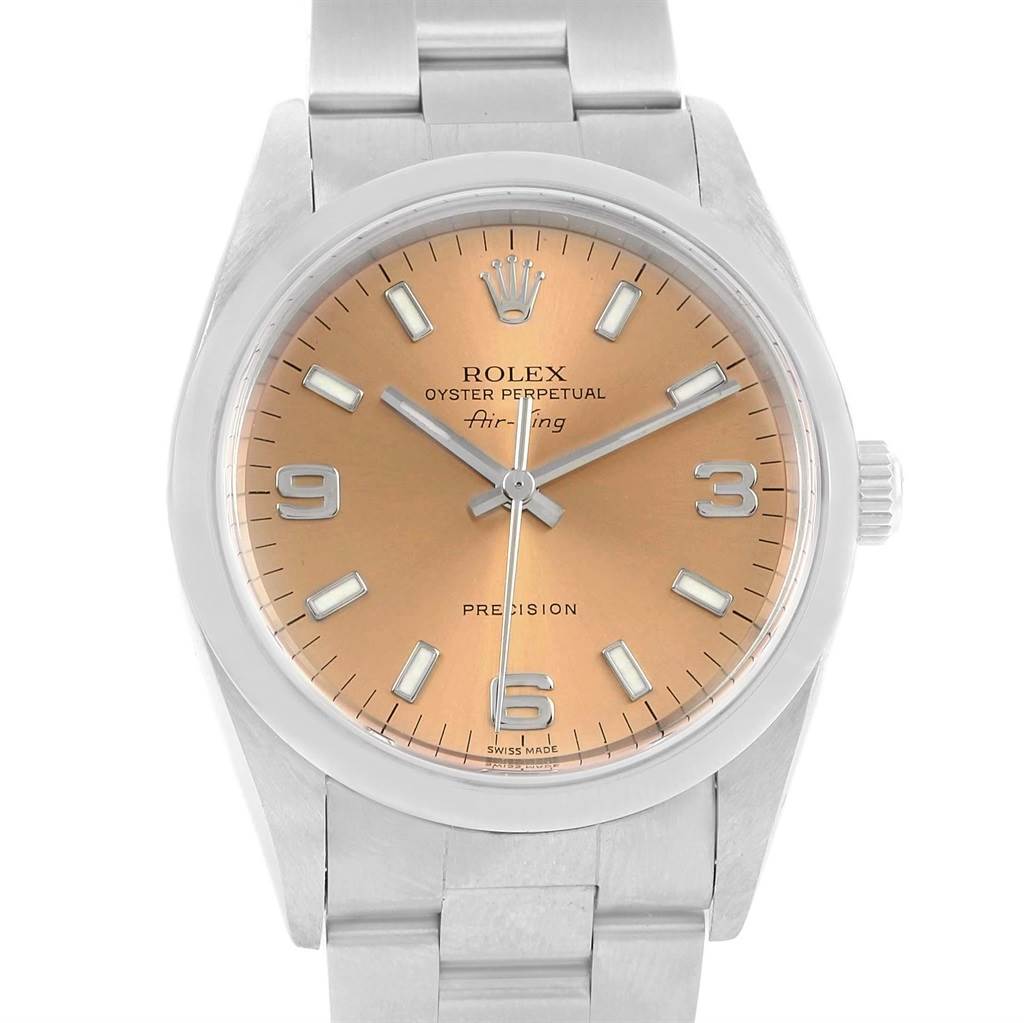 This image shows a frontal view of the Rolex Air-King 14000 Men's Stainless Steel Pink Dial 14000 Men's Stainless Steel Pink Dial watch, highlighting its dial, hands, crown, and bracelet.