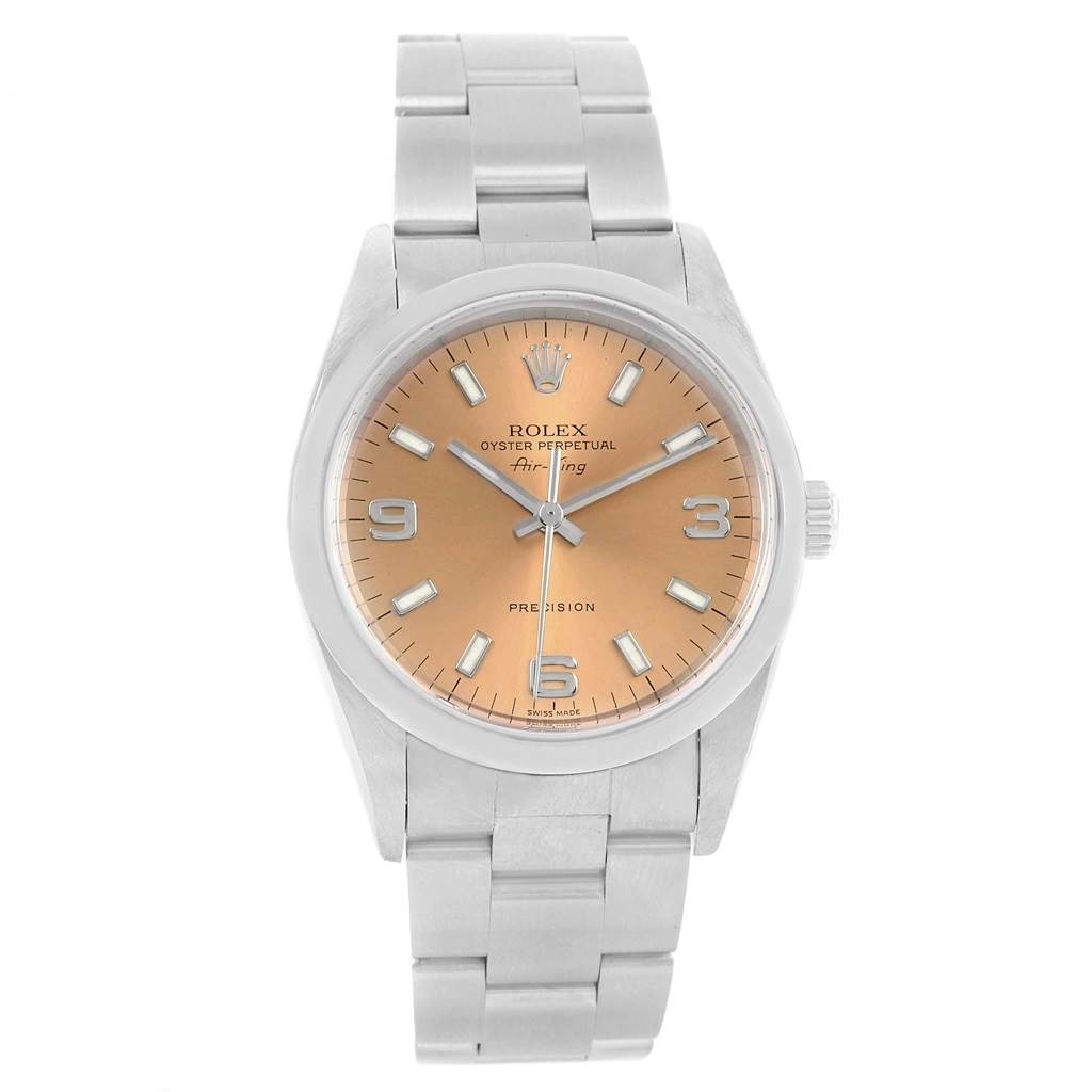 The image shows a frontal view of a Rolex Air-King 14000 Men's Stainless Steel Pink Dial 14000 Men's Stainless Steel Pink Dial watch, displaying its face, bezel, and bracelet.