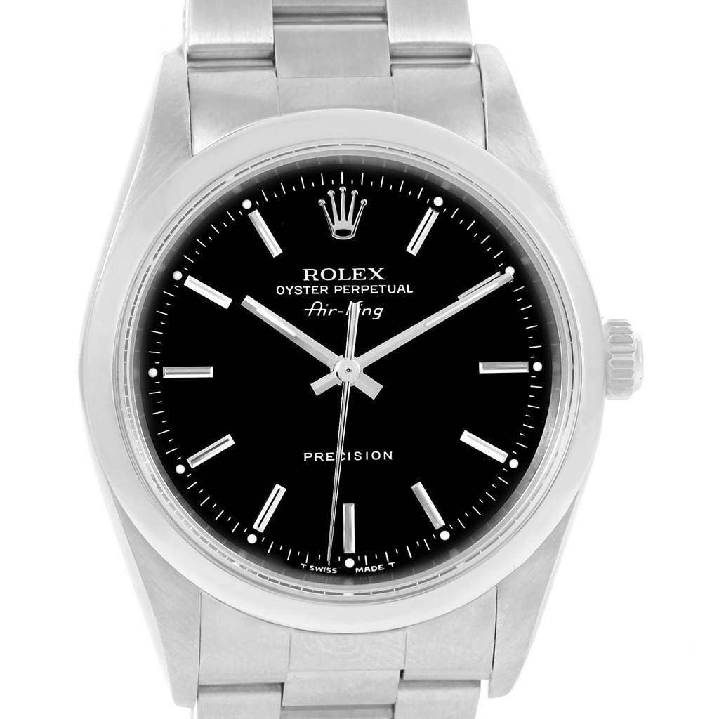 This image shows a front view of the Rolex Air-King 14000 Men's Stainless Steel Black Dial 14000 Men's Stainless Steel Black Dial watch, highlighting its black dial, stainless steel case, and bracelet.