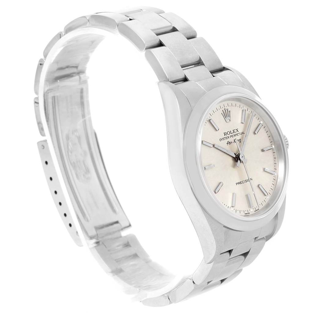 The image shows a side and partial top view of a Rolex Air-King 14000 Men's Stainless Steel Silver Dial 14000 Men's Stainless Steel Silver Dial watch, highlighting the dial, bezel, and metal bracelet.