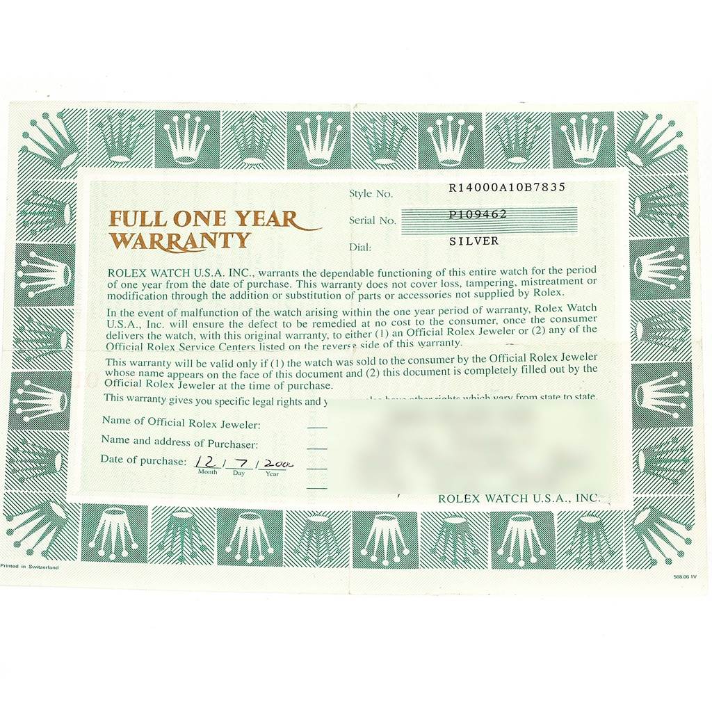 This is a warranty card for a Rolex Air-King 14000 Men's Stainless Steel Silver Dial 14000 Men's Stainless Steel Silver Dial watch, showing the style, serial number, and other warranty details.