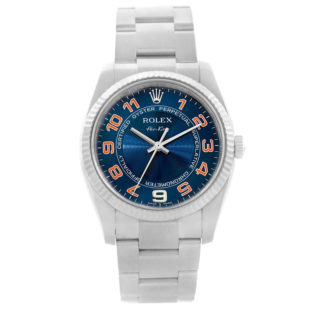 The image shows a frontal view of a Rolex Air-King 114234 Men
s Stainless Steel Blue Dial 114234 Men
s Stainless Steel Blue Dial watch displaying its dial, bezel, and bracelet.