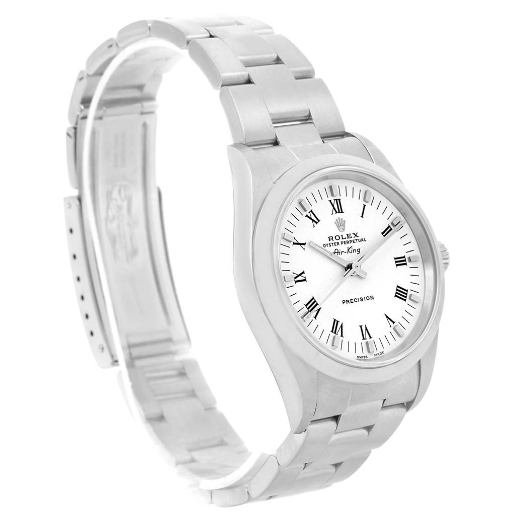 The image shows a Rolex Air-King 14000 Men's Stainless Steel White Dial 14000 Men's Stainless Steel White Dial watch at a side angle, displaying the face, bracelet, and clasp.