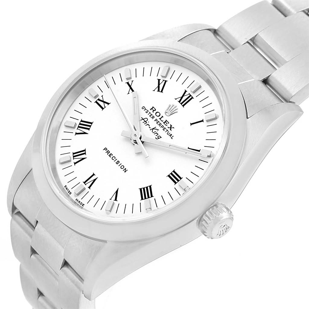 The image shows a slanted view of a Rolex Air-King 14000 Men's Stainless Steel White Dial 14000 Men's Stainless Steel White Dial watch, highlighting the white dial, Roman numerals, bezel, crown, and part of the bracelet.
