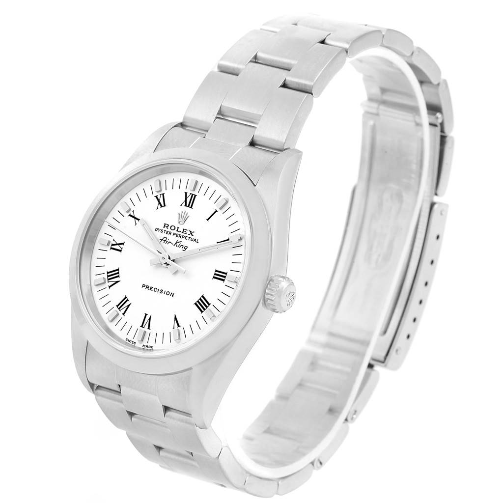 The image shows a Rolex Air-King 14000 Men's Stainless Steel White Dial 14000 Men's Stainless Steel White Dial watch at a three-quarter angle, highlighting its face, bezel, and bracelet.