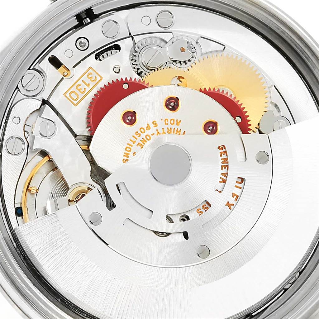 This image shows a close-up of the intricate internal mechanism of a Rolex Air-King 14000 Men's Stainless Steel White Dial 14000 Men's Stainless Steel White Dial watch.