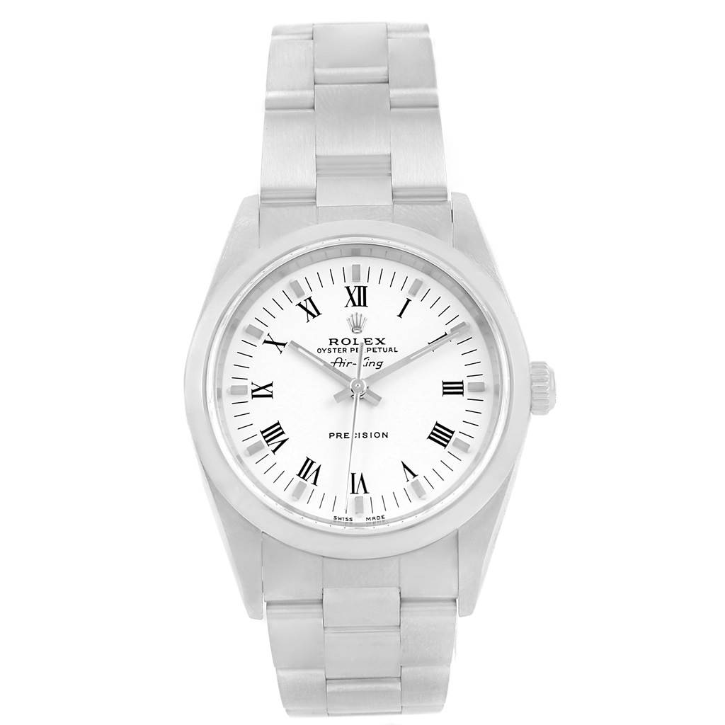The image shows a front view of a Rolex Air-King 14000 Men's Stainless Steel White Dial 14000 Men's Stainless Steel White Dial watch, highlighting its face, bezel, and bracelet.